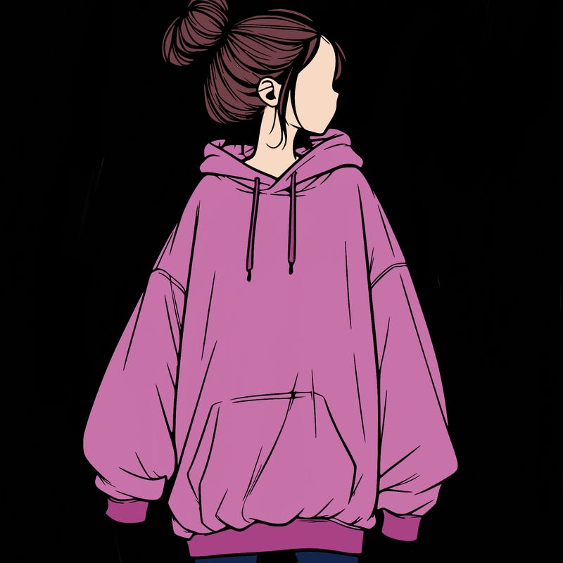 realistic girl with a oversized sweatshirt on and a bun