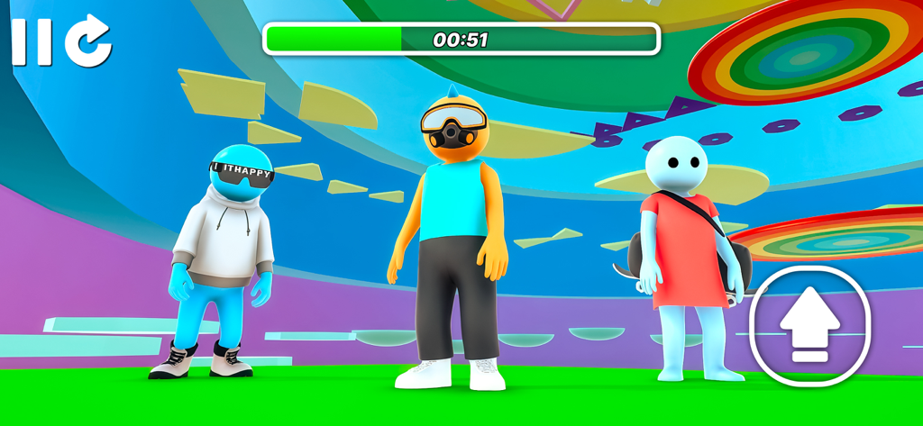 Mega Obby - Parkour Fun Run 3D - Three stylized 3D characters in a colorful obstacle course environment