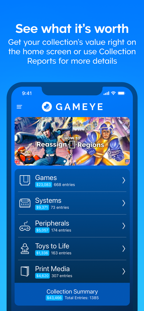 GAMEYE mobile app dashboard displaying total collection value and categorized game inventory.