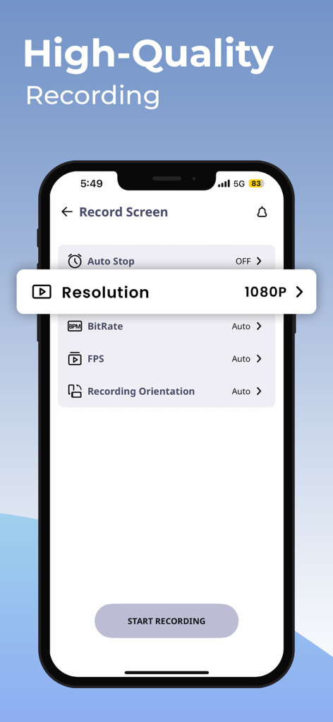スクリーンレコーダーアプリのスクリーンショット。iPhoneで1080p解像度の高品質録画設定が表示されています。