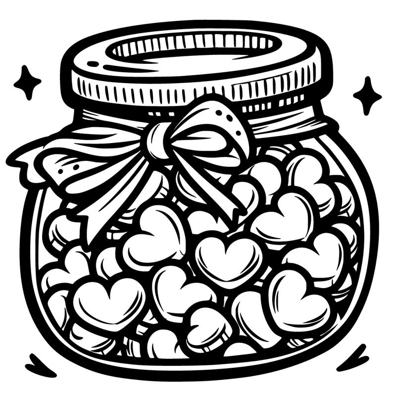 a jar filled with heart-shaped candies and a ribbon around the neck.