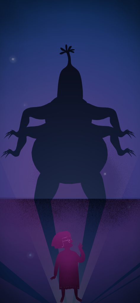 Silueta de un niño saludando a la sombra de un monstruo gigante con varios brazos