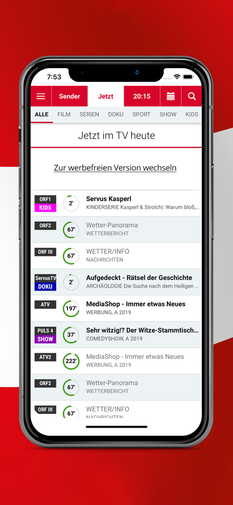 tvheute TV Programm Österreich - Interface of the tvheute app displaying current TV programs for major Austrian channels with genre navigation