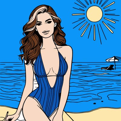 realistic woman modeling in the sand at the beach in swim suit with sun shining