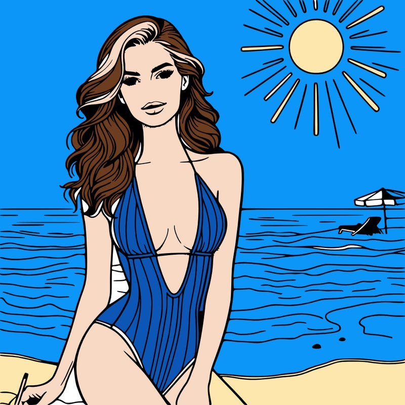 realistic woman modeling in the sand at the beach in swim suit with sun shining