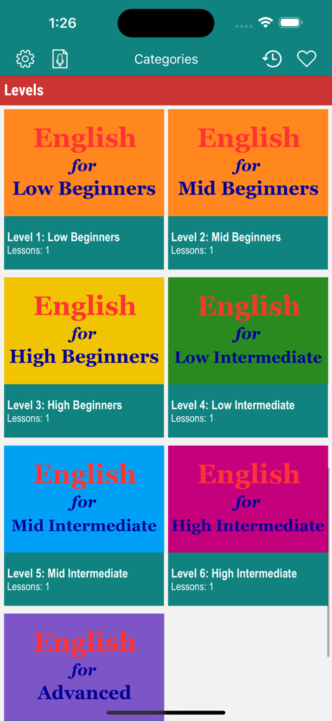 6 Minute English (+Worksheets) - App screen displaying English proficiency levels from low beginner to advanced