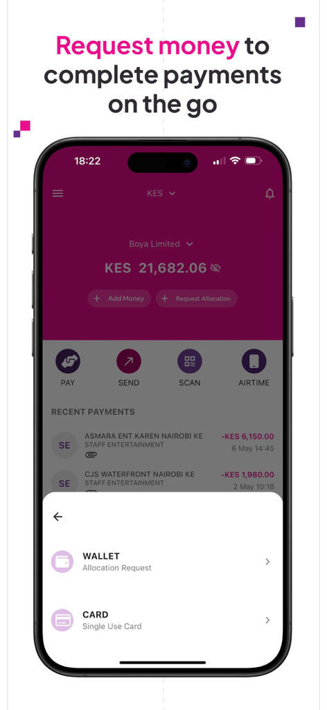 Boya - Pantalla de la aplicación Boya que muestra opciones de solicitud de dinero para pagos empresariales sobre la marcha.