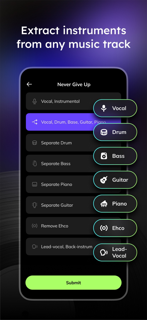 Interfaz de la aplicación Musiclab mostrando opciones para extraer voces, baterías, bajos y guitarras de una pista de música