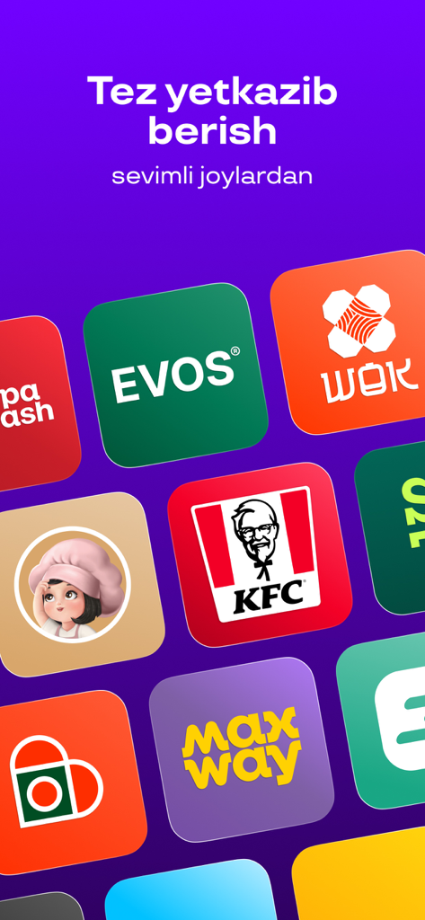 Affichage des logos de restaurants, y compris KFC et EVOS, pour la livraison de plats rapides avec Uzum Tezkor