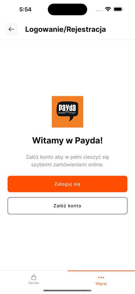 Payda - The login and registration screen of the Payda food ordering app featuring a welcome message and action buttons.