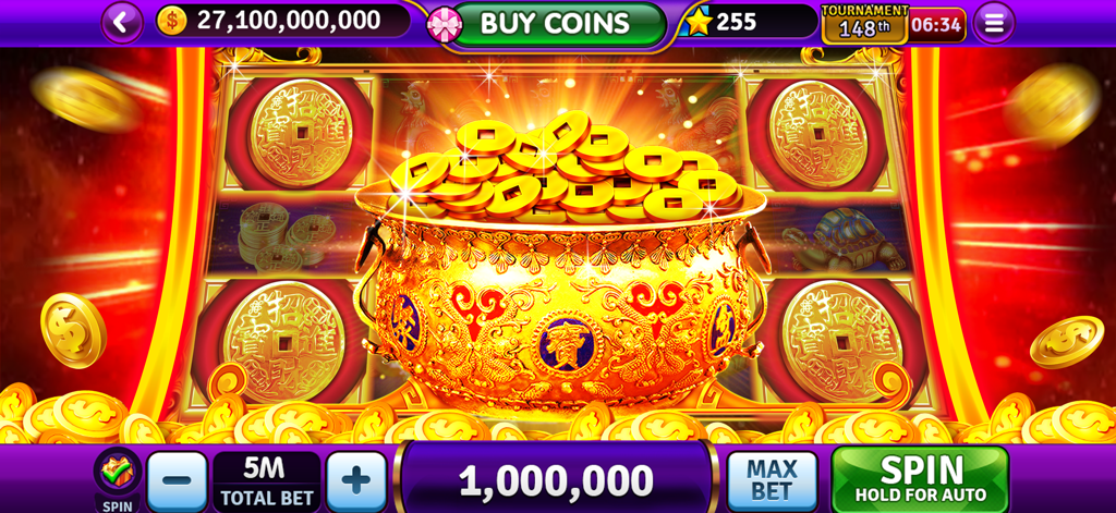 Ein goldener Topf voller Münzen in einem Spielautomaten mit asiatischem Thema von Tycoon Casino Vegas Slots.