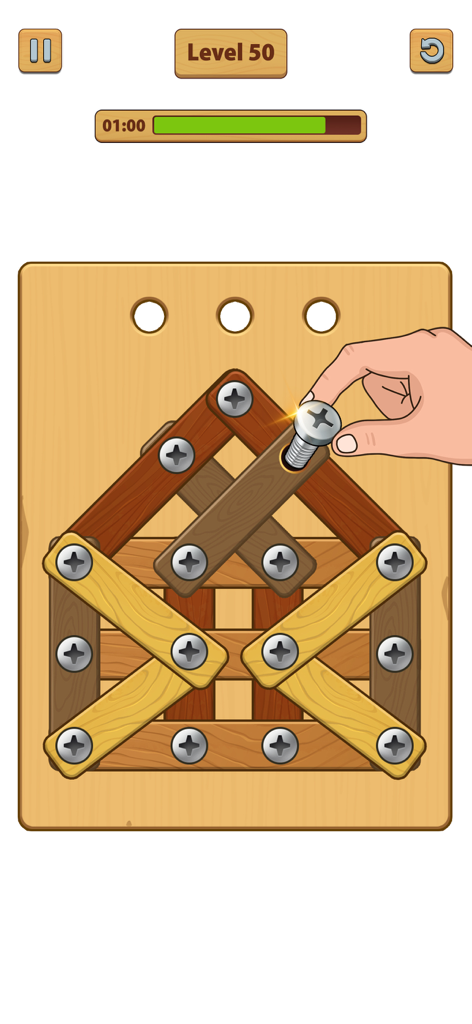 mano desenroscando un tornillo en el juego de puzzle nuts bolts asmr de tuercas de madera nivel 50