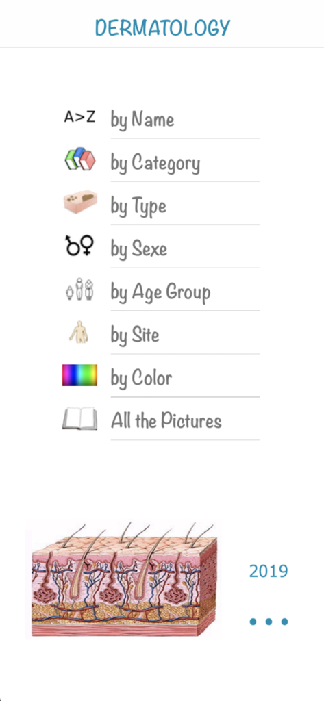 Dermatology (AIMapps) - Hauptmenü der Dermatologie-App mit Suchfiltern wie Name Kategorie und Altersgruppe mit einer Illustration der Hautanatomie