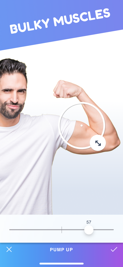 Body Tune for Men－Photo Editor - A man using the bicep enlargement tool in the Body Tune for Men photo editor app