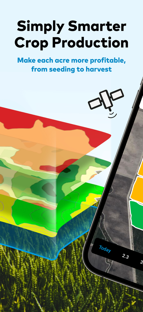 Benutzeroberfläche der xarvio FIELD MANAGER App mit überlagerten Feldkarten für Präzisionslandwirtschaft und Optimierung der Pflanzenproduktion.
