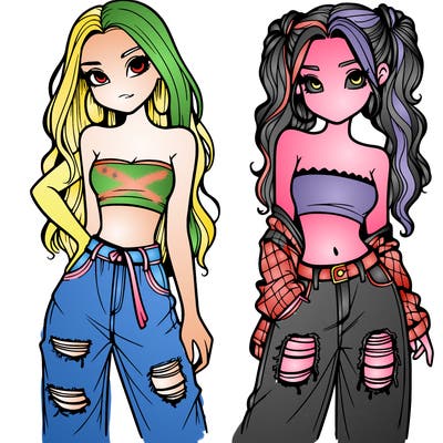 2 girls in crop tops and baggy jeans ripped