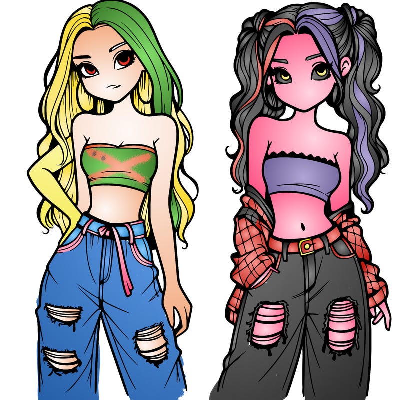 2 girls in crop tops and baggy jeans ripped