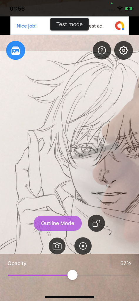 Anime drawing Trace Art - An anime character line art sketch displayed in the app with AR tracing tools and an opacity slider