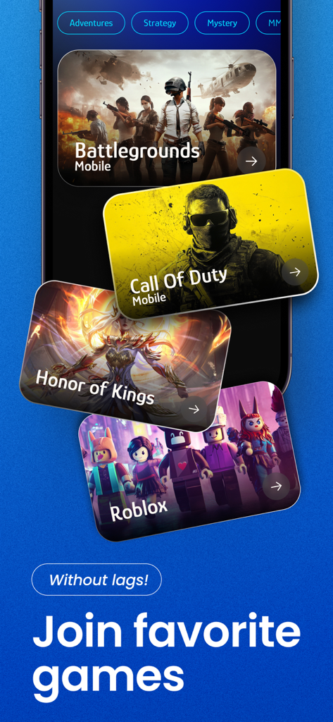 Mobile gaming interface for VPN Lumos highlighting lag free gameplay for popular titles like Battlegrounds and Call of Duty