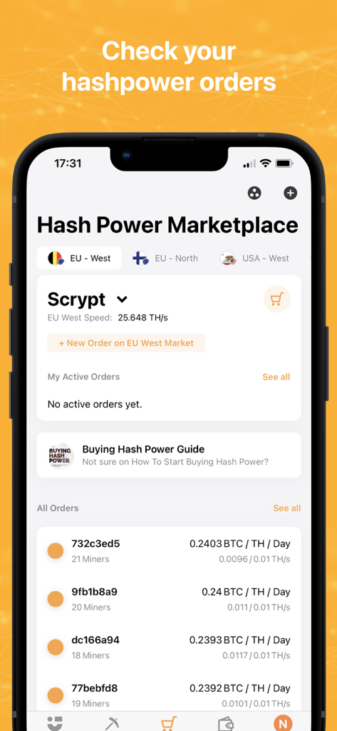 NiceHash - Interfaccia dell'app mobile NiceHash che mostra il Marketplace dell'Hash Power con ordini attivi e metriche di velocità di mining.