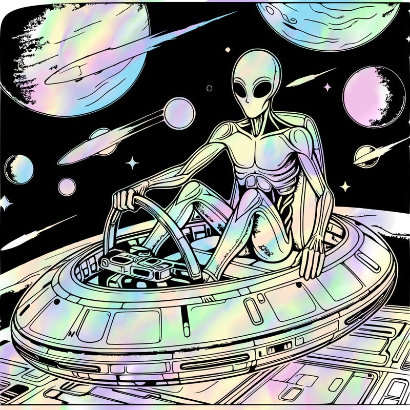 realistic human in a alien spaceship outer space