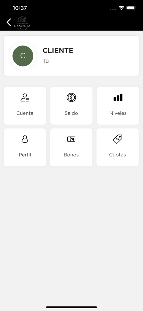 Ciudad Deportiva Gambeta - Panel de cuenta de usuario en la aplicación Ciudad Deportiva Gambeta que muestra iconos para saldo, perfil y clasificaciones.