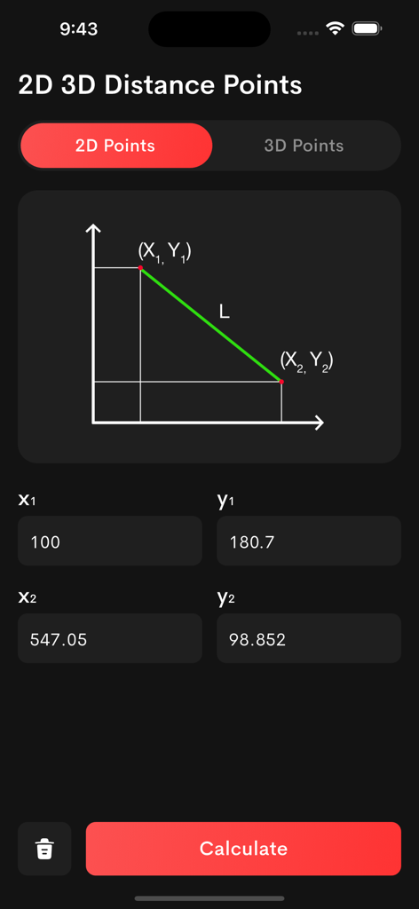 Distance Points Calculator - A 2D coordinate distance calculator interface showing input fields for points and a geometric diagram