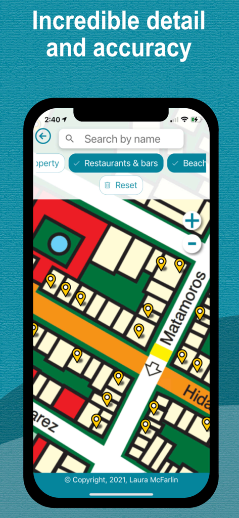 MapChick's Isla Mujeres - Screenshot of the MapChick Isla Mujeres app showing a detailed street map with local restaurant and bar pin locations.