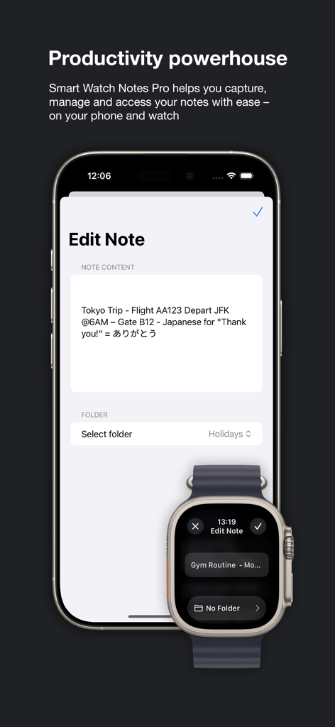 Smart Watch Notes Pro - iPhone und Apple Watch zeigen synchronisierte Notizen in der Smart Watch Notes Pro-App an.