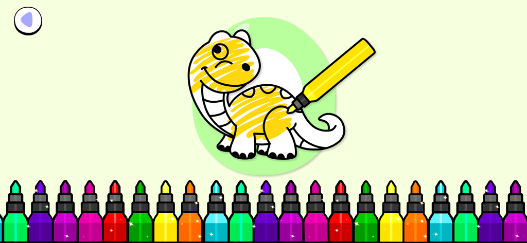 Coloring for Kids & Toddlers + - Una pagina da colorare digitale che mostra un simpatico dinosauro colorato con un pennarello giallo