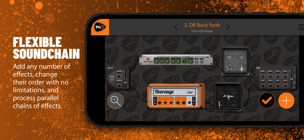 Overloud THU - Interfaz de la app Overloud TH-U que muestra una cadena de señal de guitarra personalizada con múltiples amplificadores y efectos