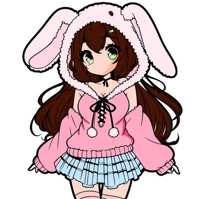 pretty anime girl wearing a fluffy hoodie with bunny ears on the hood and a skirt