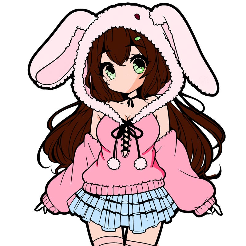 pretty anime girl wearing a fluffy hoodie with bunny ears on the hood and a skirt
