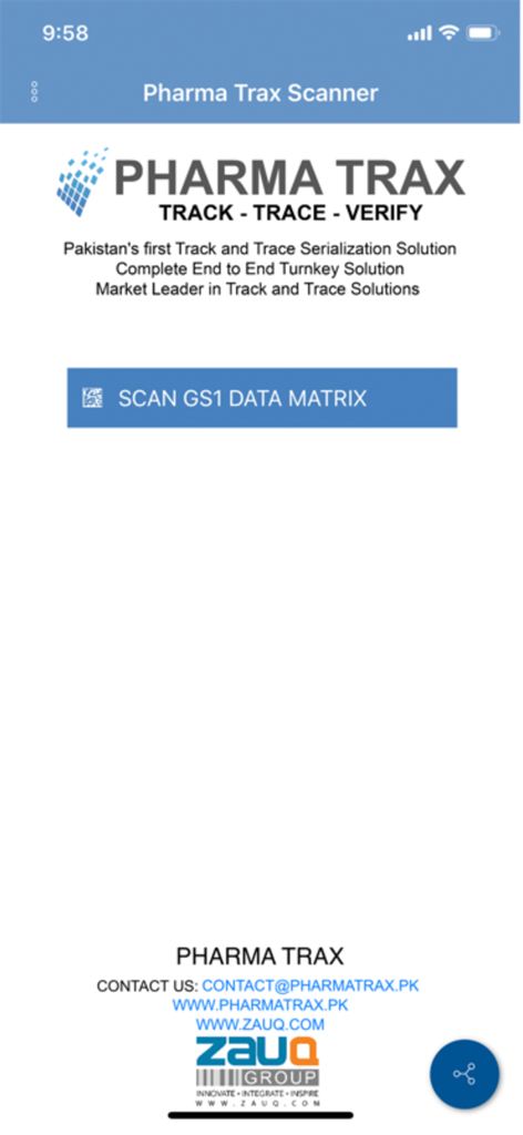 PHARMA TRAX SCANNER - Pharma Trax Scanner app interface showing the home screen with a scan GS1 data matrix button