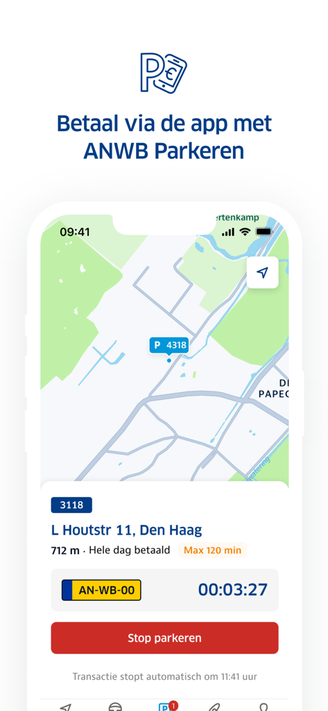 ANWB Onderweg app interface showing mobile parking payment with a map and active session timer