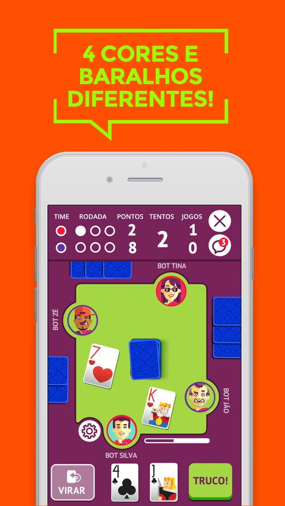 Gameplay screen of the TrucoON app showing a virtual table with Brazilian card game players and cards