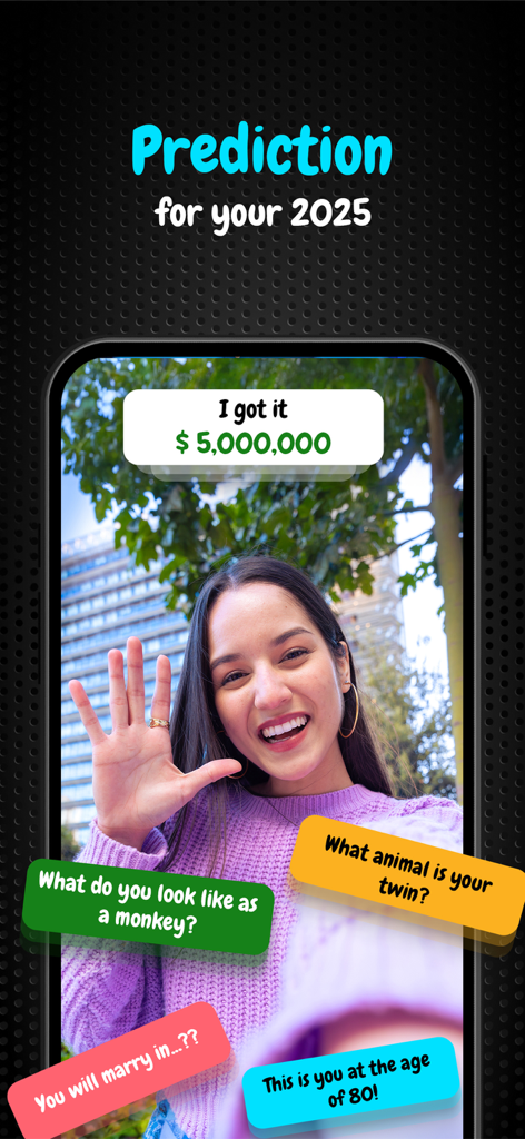 Interface of the Test Lie Detector for Prank app showing a funny prediction for 2025 with wealth and animal twin options