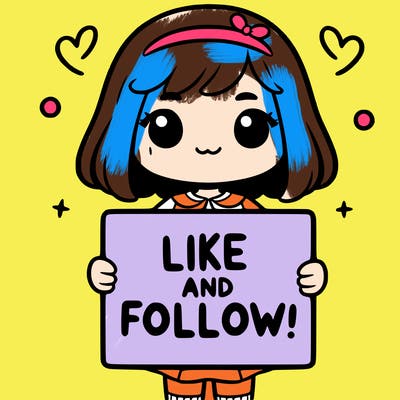 a girl holding a sign that says like and follow!