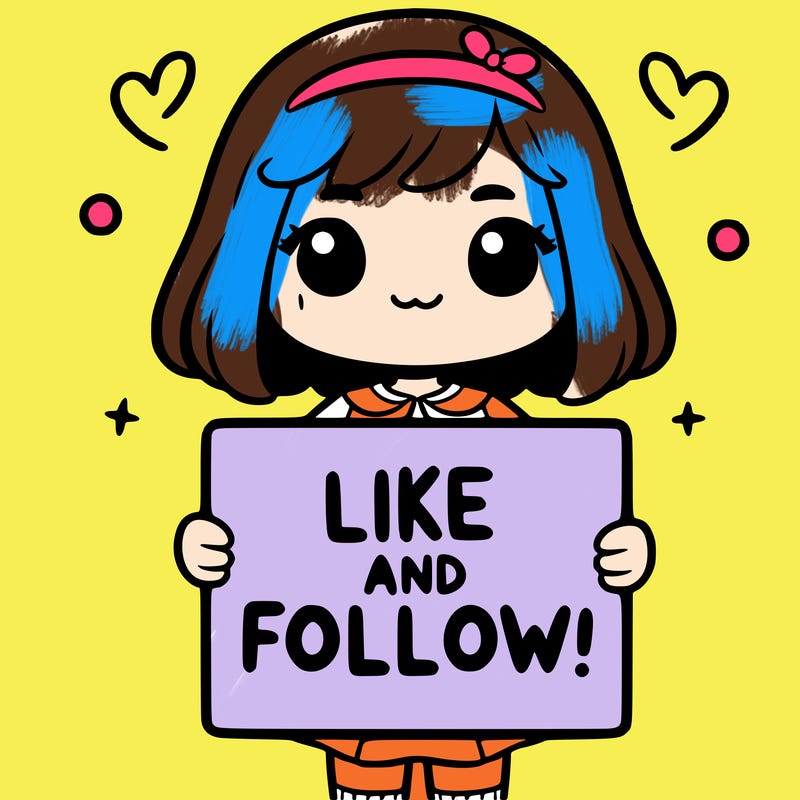 a girl holding a sign that says like and follow!