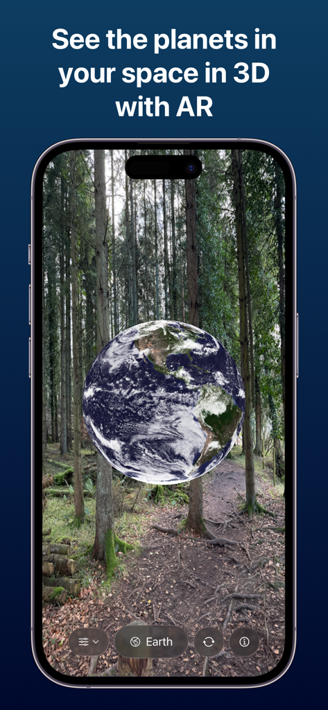 Planets AR: Solar System 3D - 3D model of Earth displayed in augmented reality on a smartphone screen in a forest