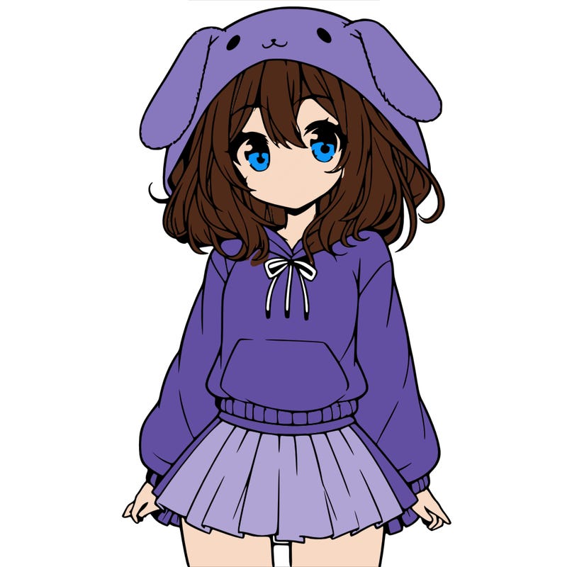 pretty anime girl wearing a fluffy hoodie with bunny ears on the hood and a skirt