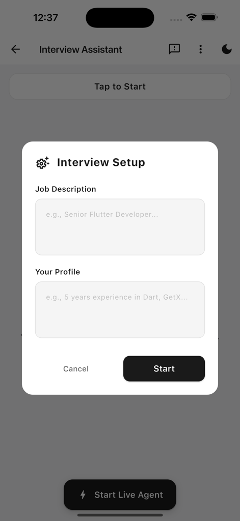 Interview Ai Assistant - Pantalla de configuración de entrevista que muestra campos de texto para la descripción del trabajo y el perfil del candidato