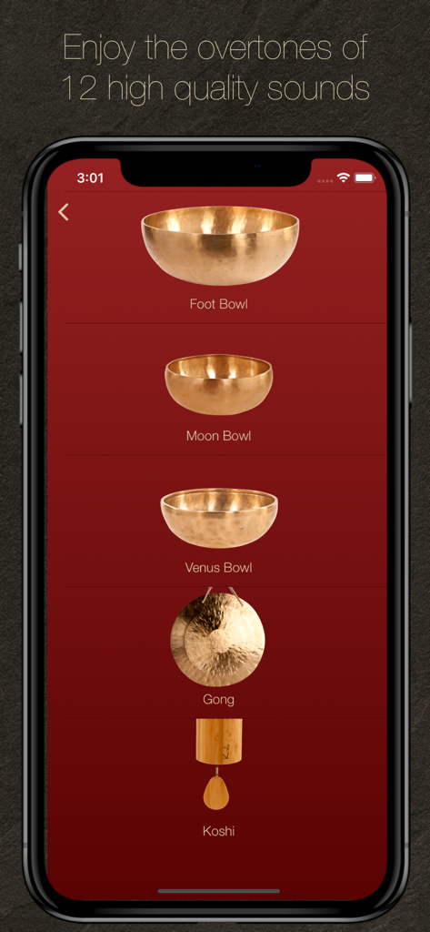 List of high quality singing bowls and gong sounds in the i-Qi meditation app