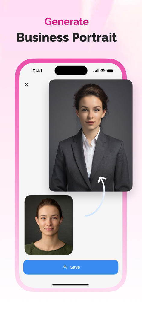 AI photo editing feature transforming a casual selfie into a professional business portrait