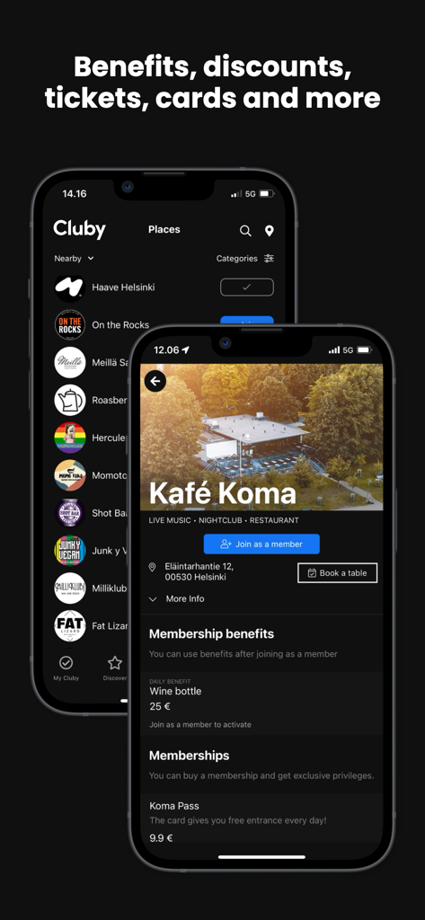 Two smartphone screens showing the Cluby app interface with venue lists and membership perks for a cafe