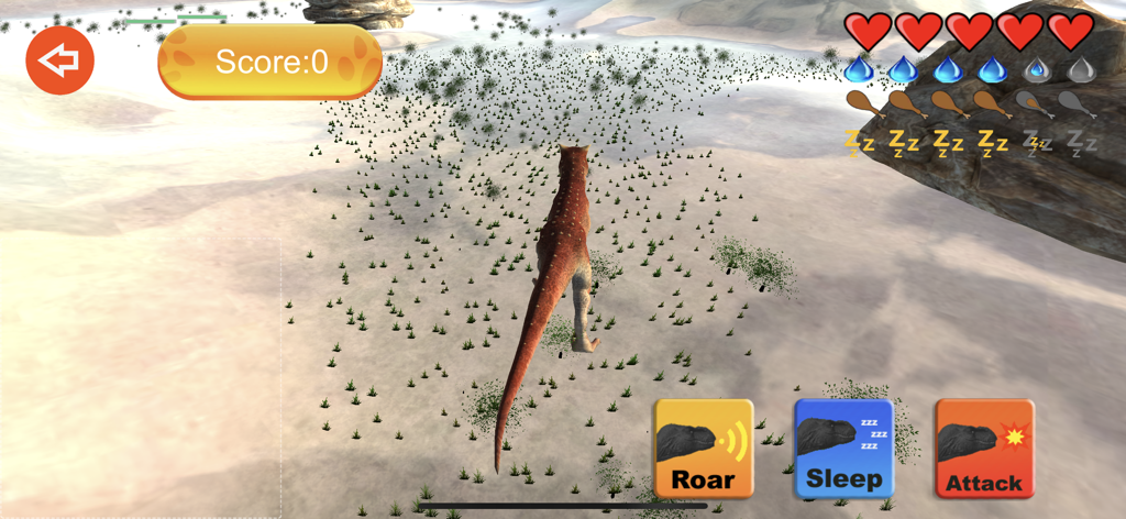 砂漠の環境で恐竜が表示されている3D恐竜シミュレーションゲーム。咆哮、睡眠、攻撃のコントロールボタンが表示されています。
