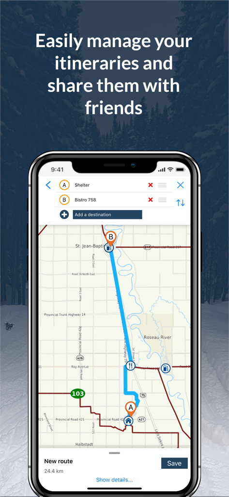 Smartphone screen showing itinerary planning and trail map in the VT VAST snowmobile app.