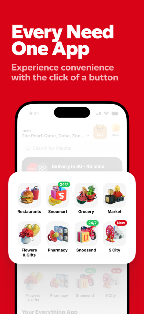 Snoonu mobile app interface displaying services for food groceries gifts and pharmacy in Qatar