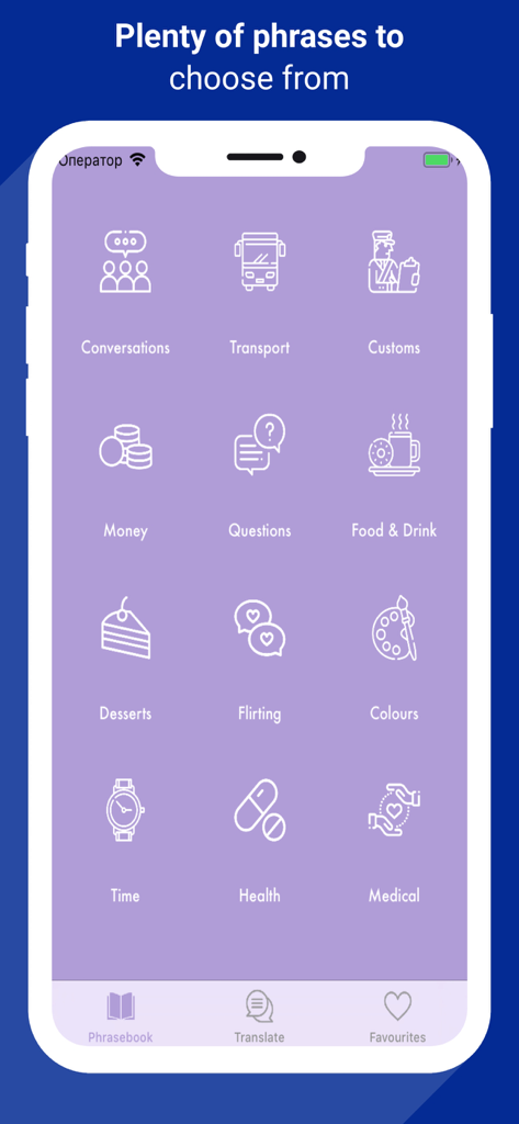 Hello Halo - Malay Translator - Hello Halo app phrasebook screen showing travel categories like transport food and health with simple icons.