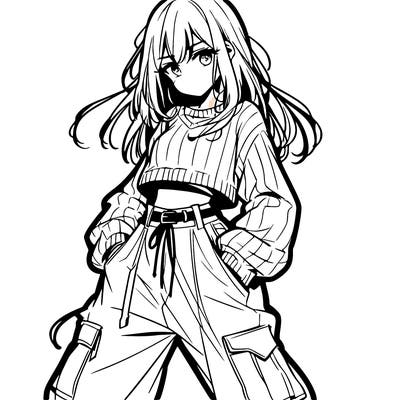 anime teen girl with baggy pants and crop top with sweater